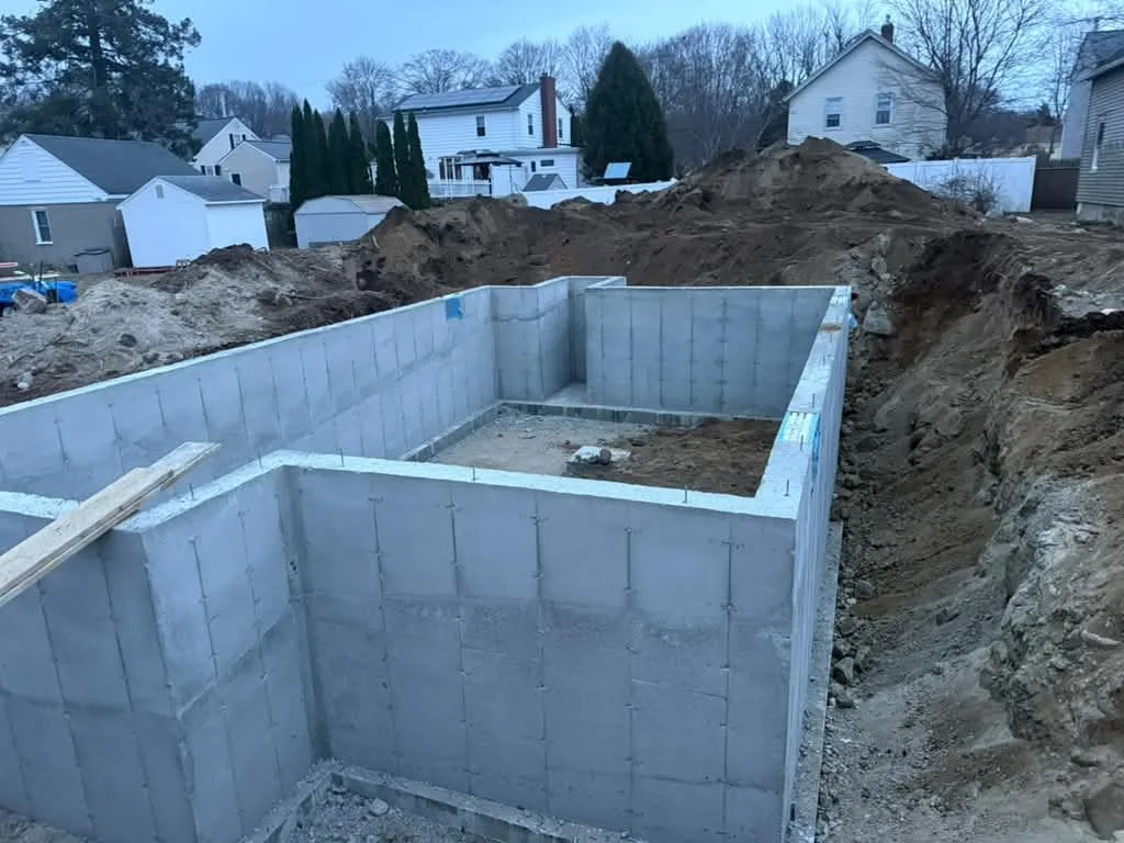 Poured concrete foundation walls for a new home in Rhode Island